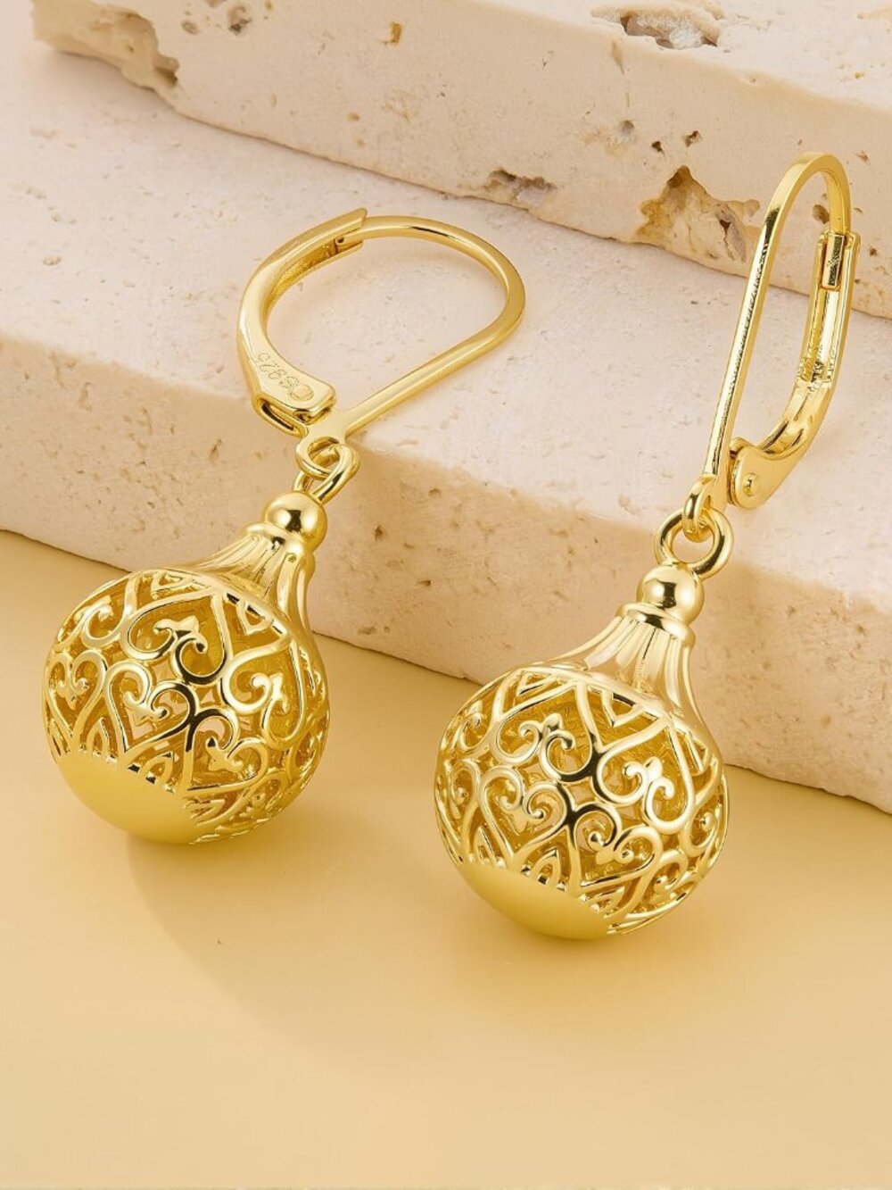 Women's Filigree Gold Silver Earrings with Hypoallergenic Leverback Texture | 14 - Picture 2 of 7
